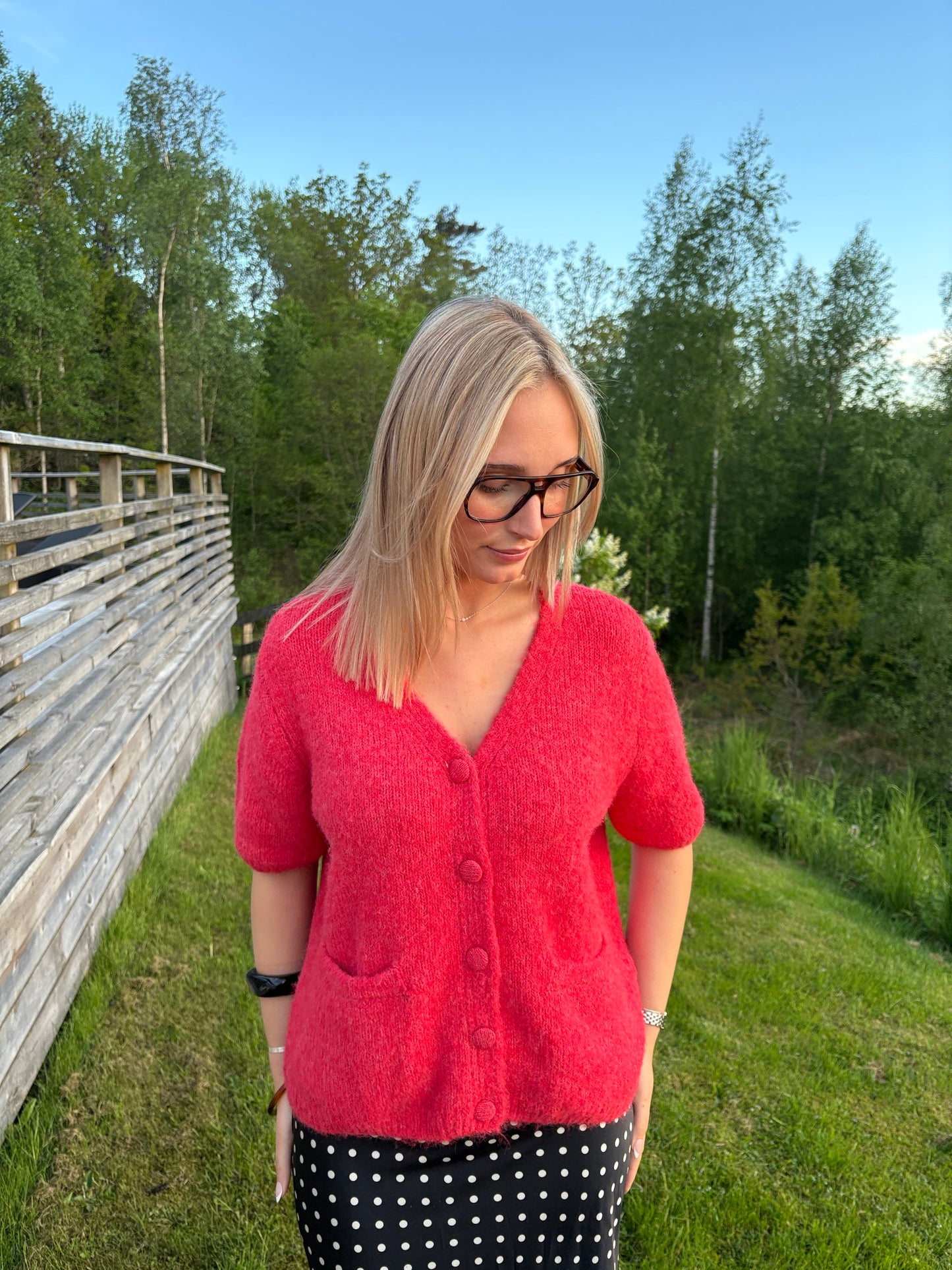 OBJSAGGIA RE SS V-NECK KNIT CARDIGAN -Poinsettia