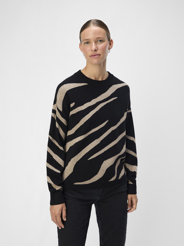 OBJRAY LO L/S KNIT PULLOVER - Black/Tiger