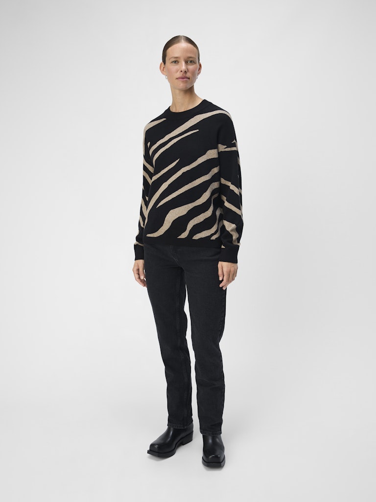 OBJRAY LO L/S KNIT PULLOVER - Black/Tiger