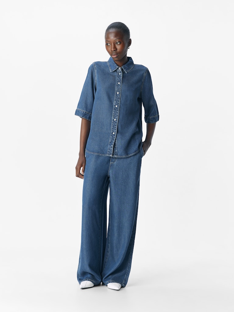OBJFRAME 2/4 RE DENIM TOP - Dark Blue Denim