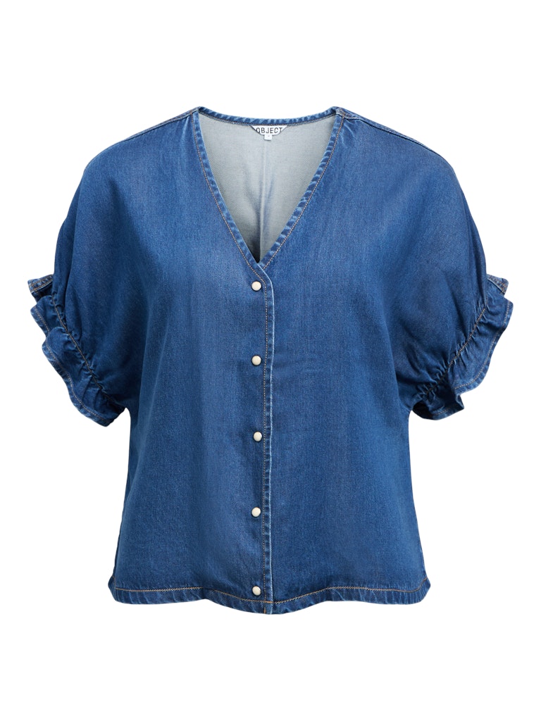 OBJFRAME 2/4 V-NECK RE TOP - Medium Blue Denim