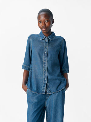 OBJFRAME 2/4 RE DENIM TOP - Dark Blue Denim