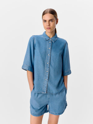 OBJFRAME 2/4 RE DENIM TOP - Light Blue Denim