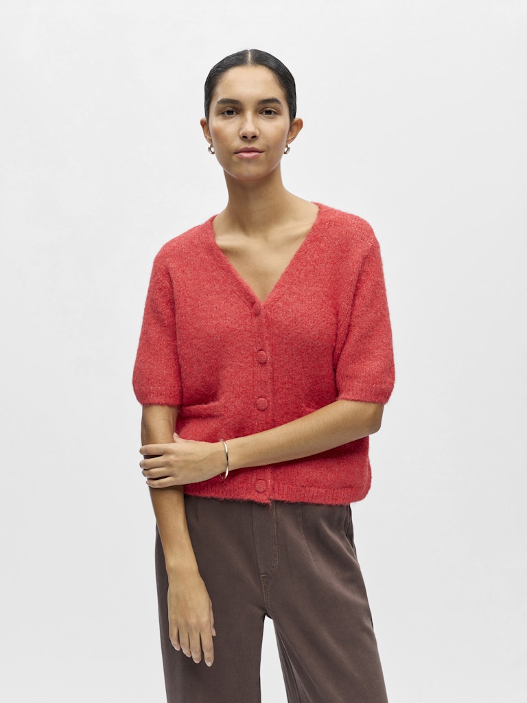 OBJSAGGIA RE SS V-NECK KNIT CARDIGAN -Poinsettia