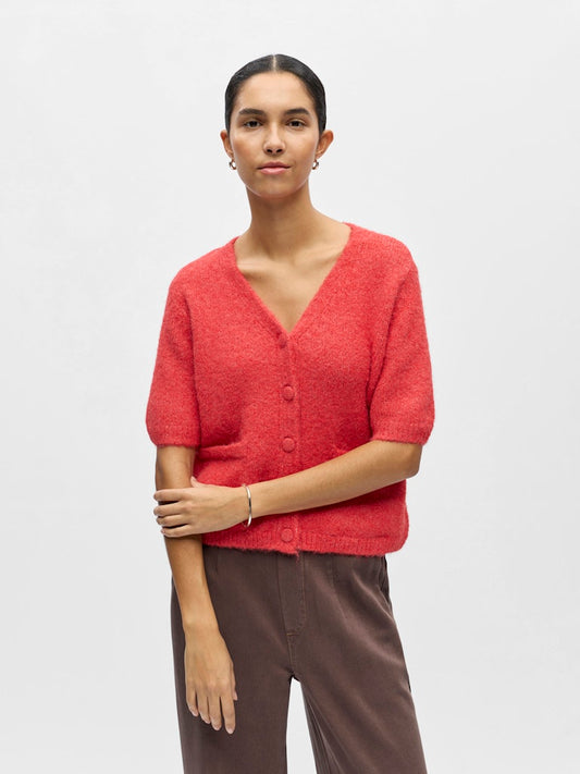 OBJSAGGIA RE SS V-NECK KNIT CARDIGAN -Poinsettia