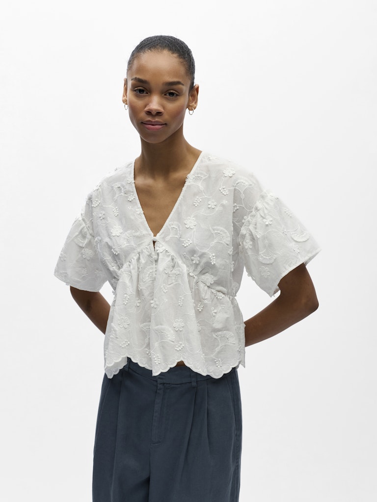 OBJLORA S/S RE V-NECK TOP - Cloud Dancer