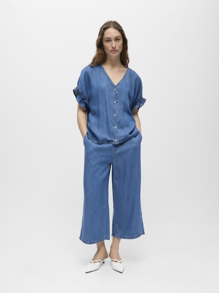 OBJFRAME 2/4 V-NECK RE TOP - Medium Blue Denim
