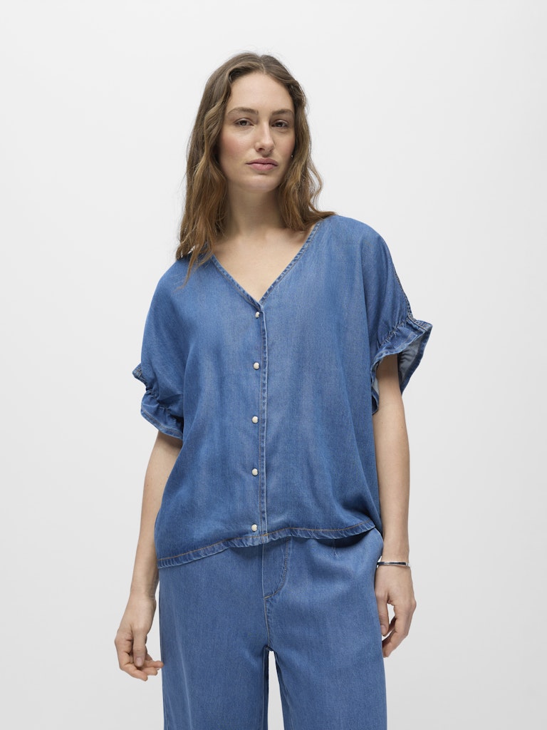 OBJFRAME 2/4 V-NECK RE TOP - Medium Blue Denim