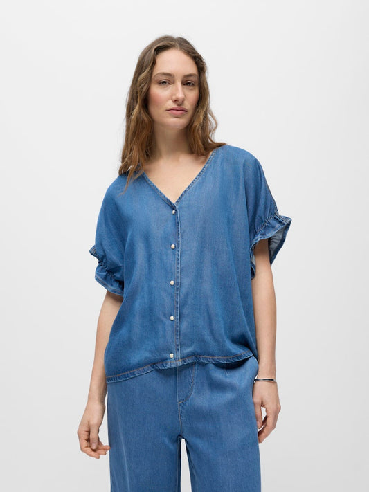 OBJFRAME 2/4 V-NECK RE TOP - Medium Blue Denim