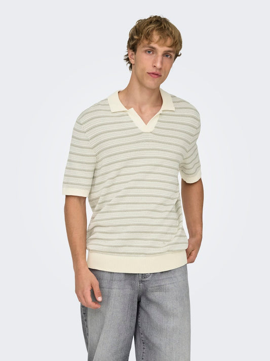 ONSTILO LIFE REG SS SPLIT NECK KNIT - Gardenia/Seagrass Stripes