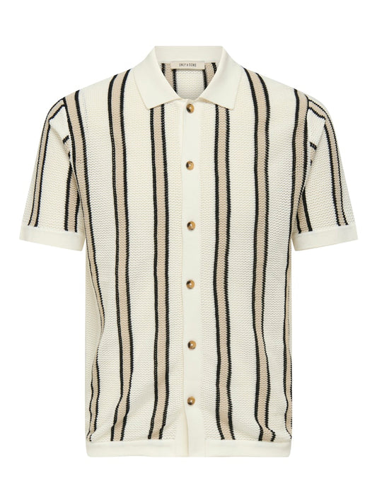 ONSGABRIEL REG SS SHIRT KNIT - Cloud Dancer/Black+Silver Lining Stripes