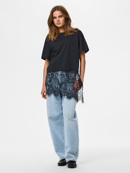 PCMAVE SS LACE T-SHIRT - Black