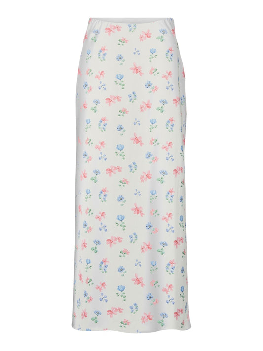 PCMILLIE HW LONG SKIRT - Cloud Dancer/Flower Print