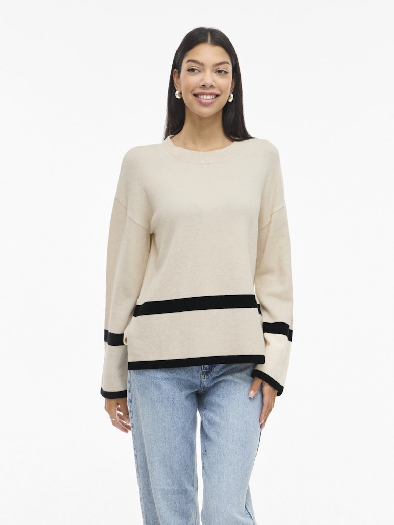 VIRIL O-NECK OVERSIZE L/S KNIT TOP - Super Light Natural Melange/Black Stripes