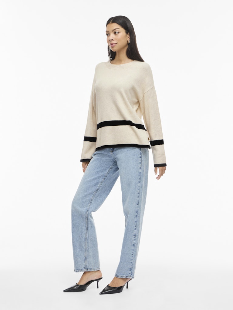 VIRIL O-NECK OVERSIZE L/S KNIT TOP - Super Light Natural Melange/Black Stripes