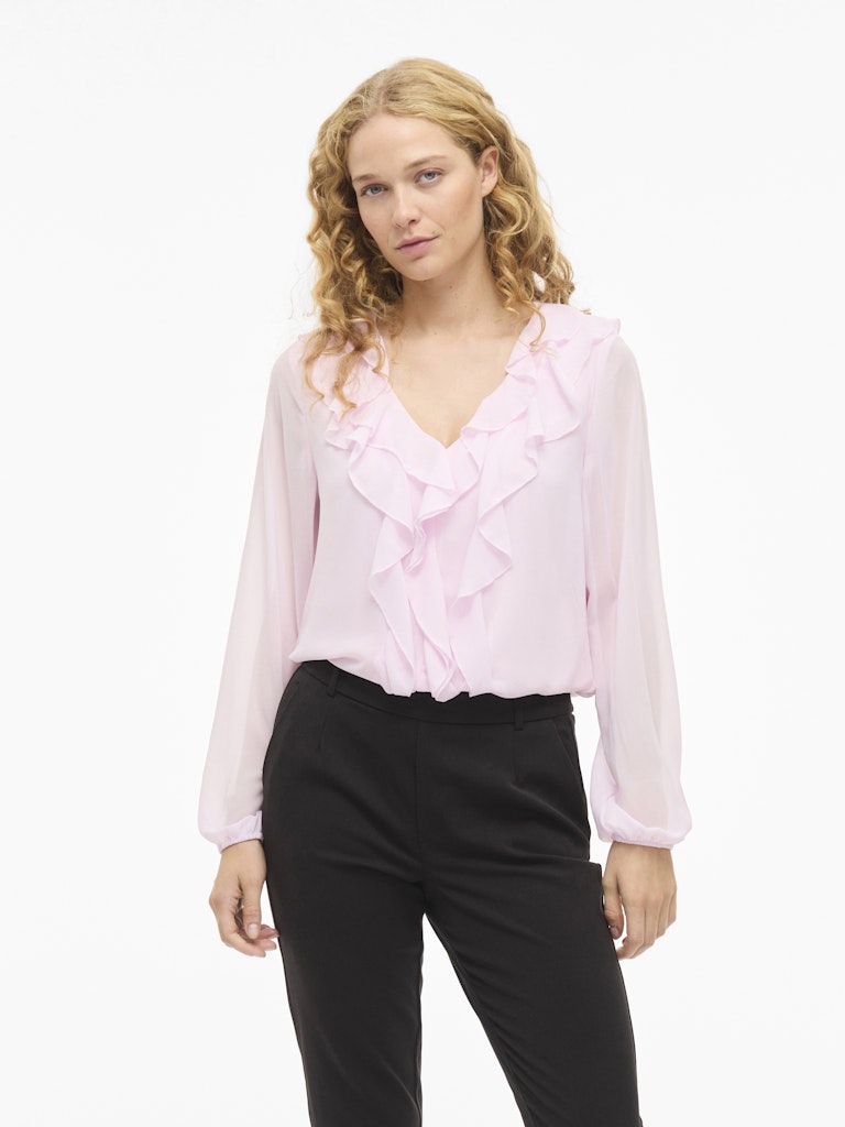 VIANE L/S V-NECK FRILL TOP - Cherry Blossom