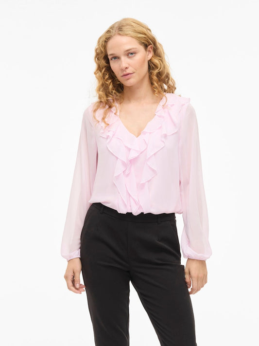 VIANE L/S V-NECK FRILL TOP - Cherry Blossom
