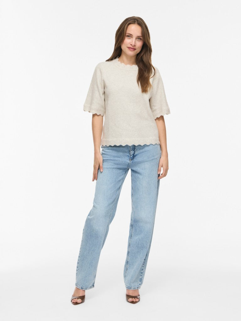 VINIKOLINA O-NECK 2/4 KNIT TOP - Super Light Natural Mel.