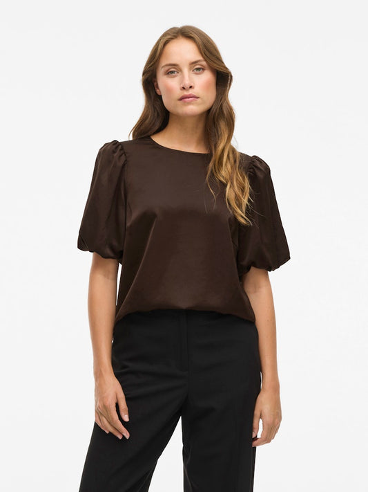 VIELLETTE 2/4 SATIN PUFF TOP - Coffee Bean