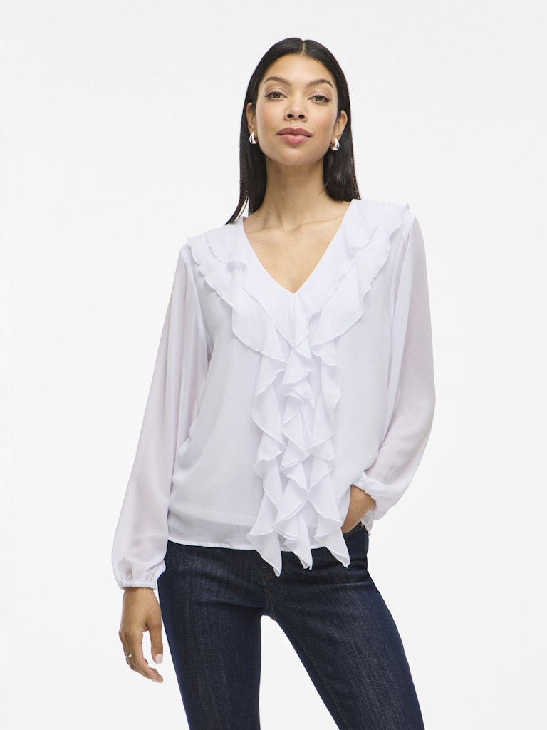 VIANE L/S V-NECK FRILL TOP - Snow White