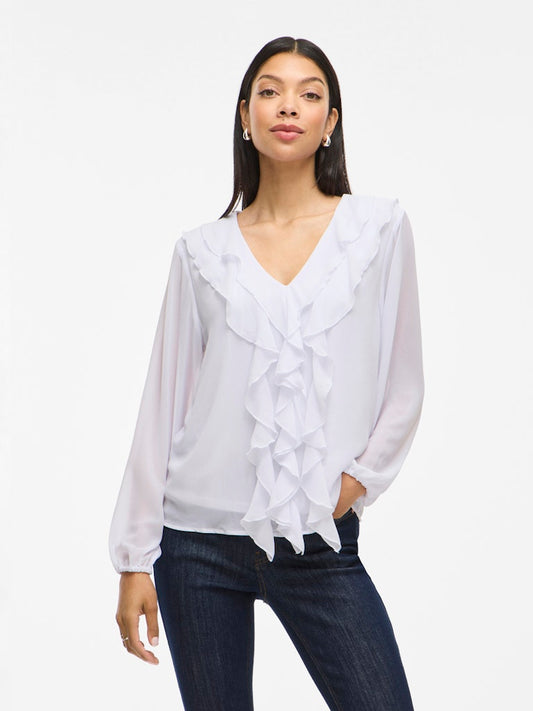 VIANE L/S V-NECK FRILL TOP - Snow White