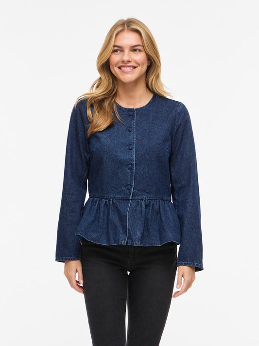 VIGIANA O-NECK L/S PEPLUM DENIM SHIRT - Dark Blue Denim