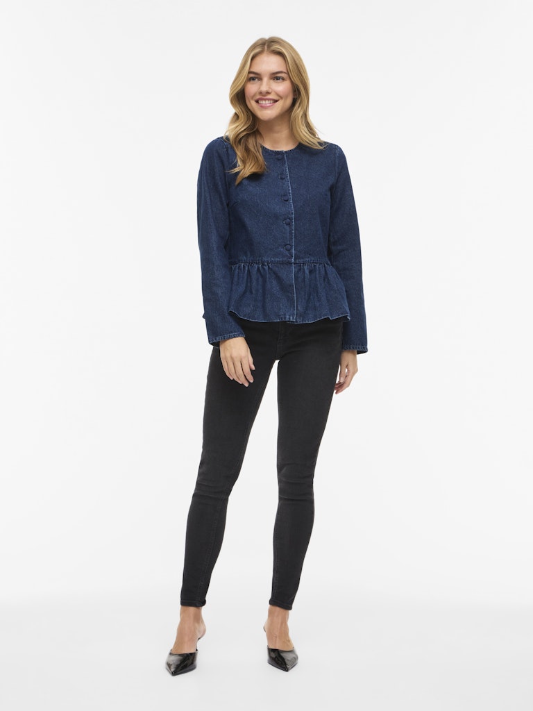 VIGIANA O-NECK L/S PEPLUM DENIM SHIRT - Dark Blue Denim