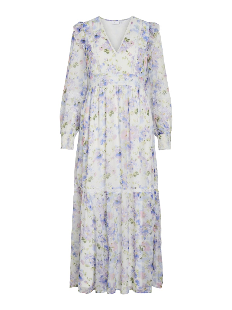 VIROMAN V-NECK L/S ANKLE DRESS -Cloud Dancer/Flower Print