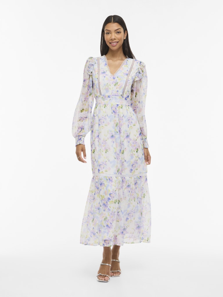 VIROMAN V-NECK L/S ANKLE DRESS -Cloud Dancer/Flower Print
