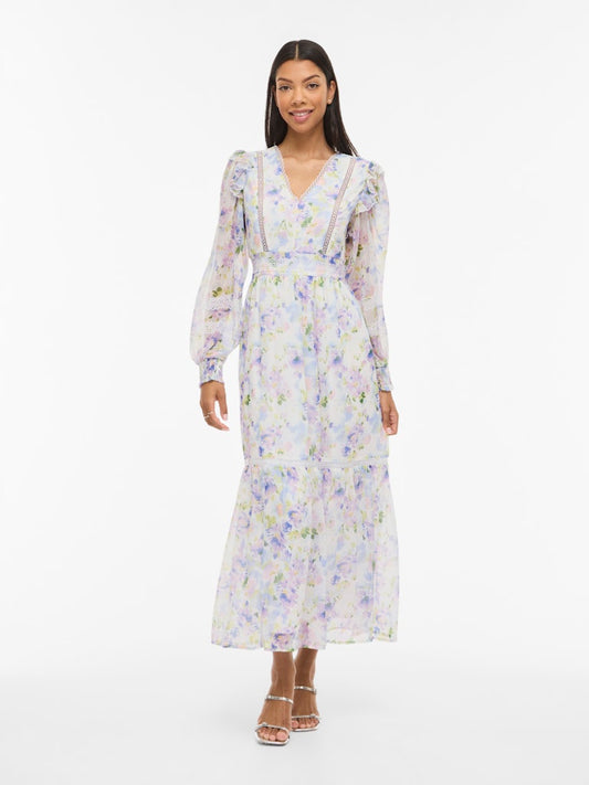 VIROMAN V-NECK L/S ANKLE DRESS -Cloud Dancer/Flower Print