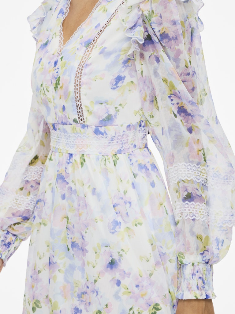 VIROMAN V-NECK L/S ANKLE DRESS -Cloud Dancer/Flower Print