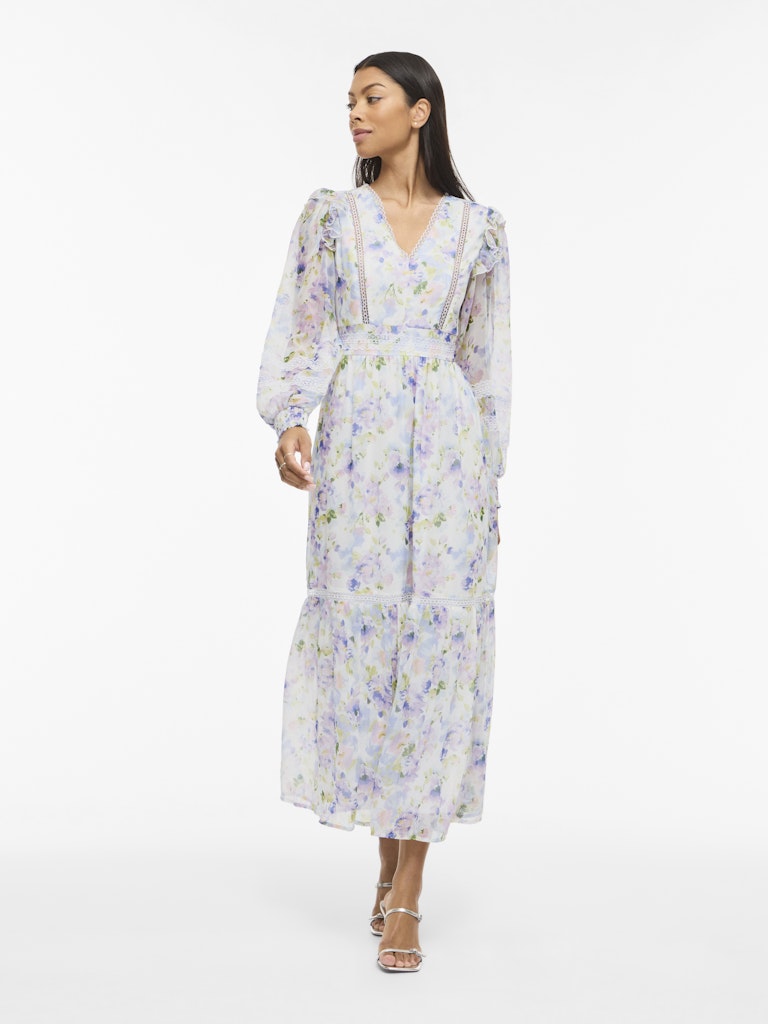 VIROMAN V-NECK L/S ANKLE DRESS -Cloud Dancer/Flower Print
