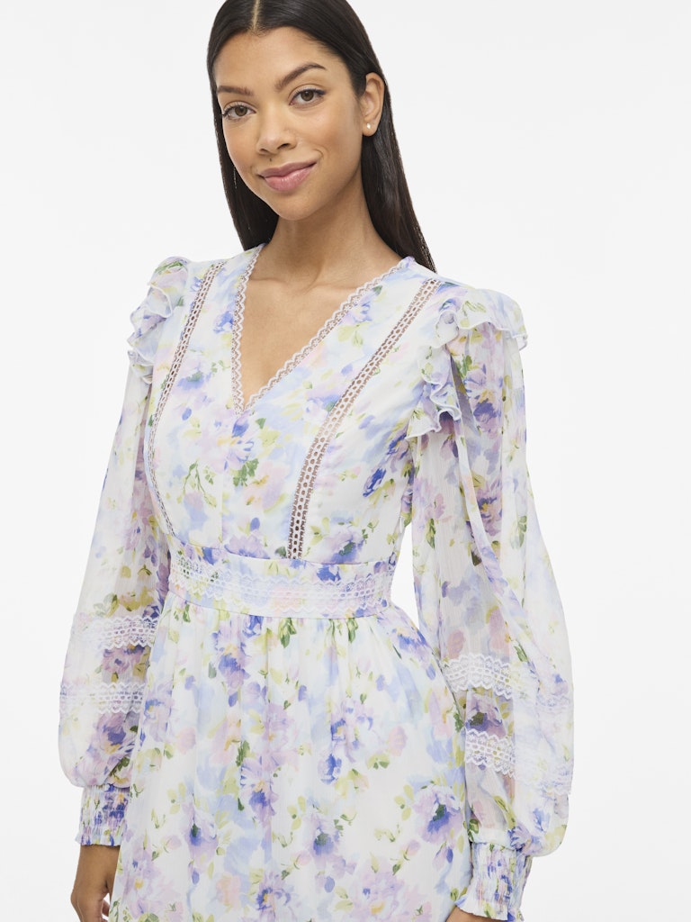 VIROMAN V-NECK L/S ANKLE DRESS -Cloud Dancer/Flower Print