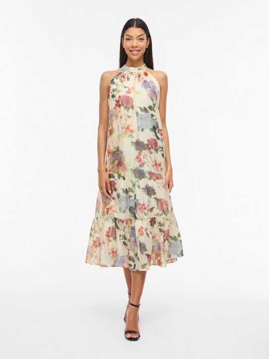 VINIA S/L HALTERNECK MIDI DRESS - Birch/Flowers
