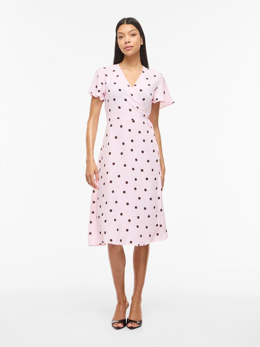 VILOVIE S/S WRAP MIDI DRESS - Cherry Blossom/Coffee Bean Dots