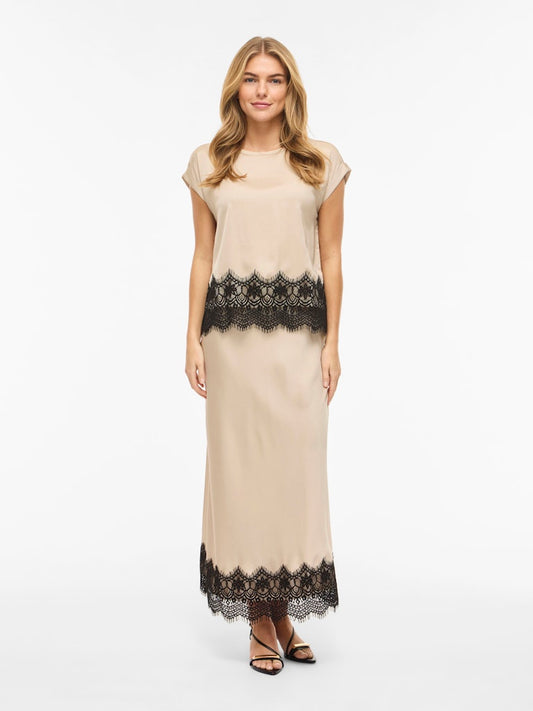 VIELLETTE HW ANKLE LACE SKIRT - Cement/Black Lace