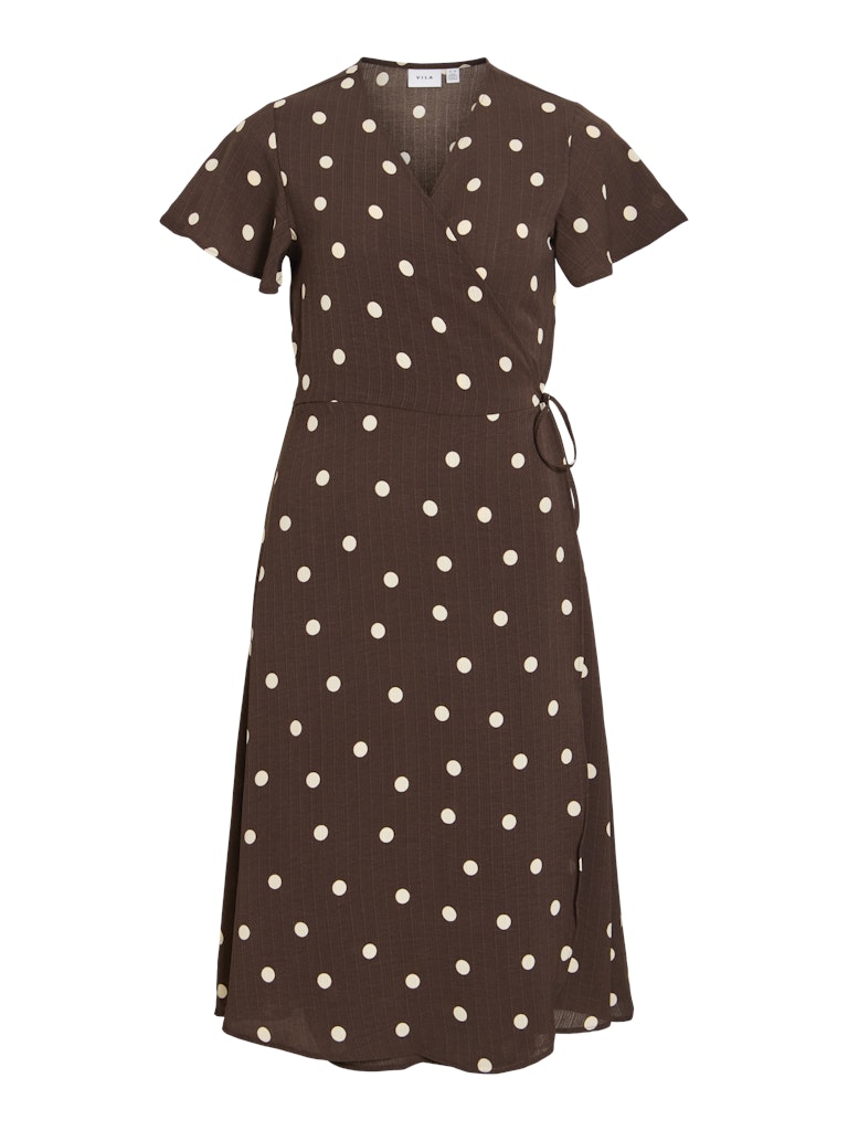 VILOVIE S/S WRAP MIDI DRESS - Coffee Bean/Sandshell Dots