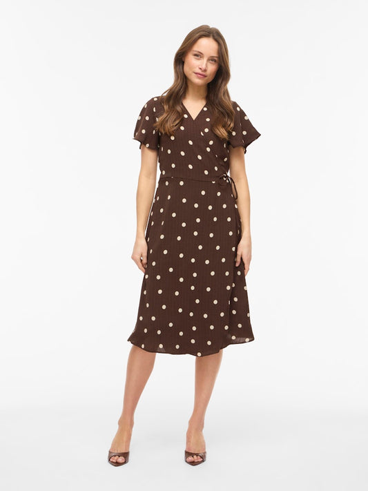 VILOVIE S/S WRAP MIDI DRESS - Coffee Bean/Sandshell Dots
