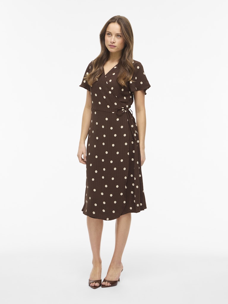 VILOVIE S/S WRAP MIDI DRESS - Coffee Bean/Sandshell Dots