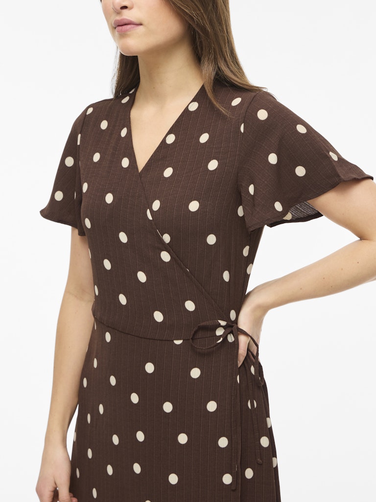 VILOVIE S/S WRAP MIDI DRESS - Coffee Bean/Sandshell Dots