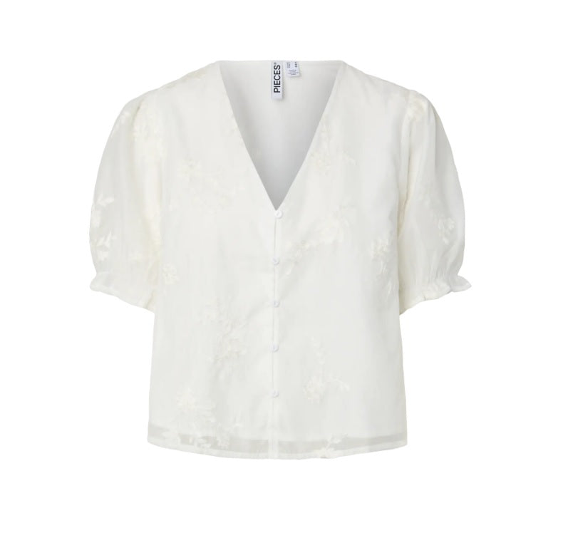 PCMAGINA SS V-NECK TOP - Cloud Dancer