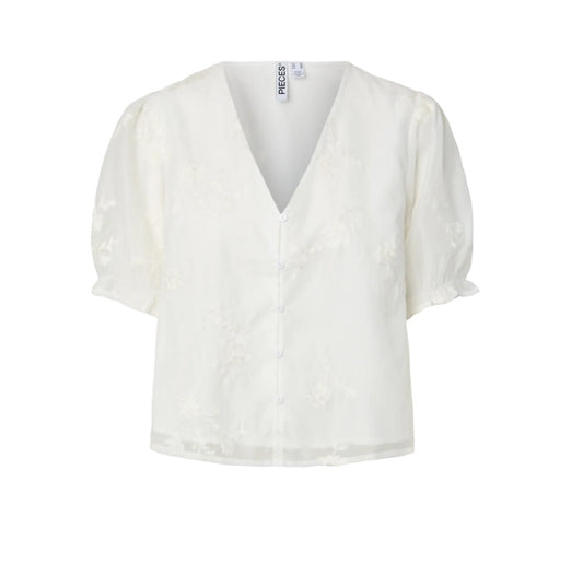 PCMAGINA SS V-NECK TOP - Cloud Dancer